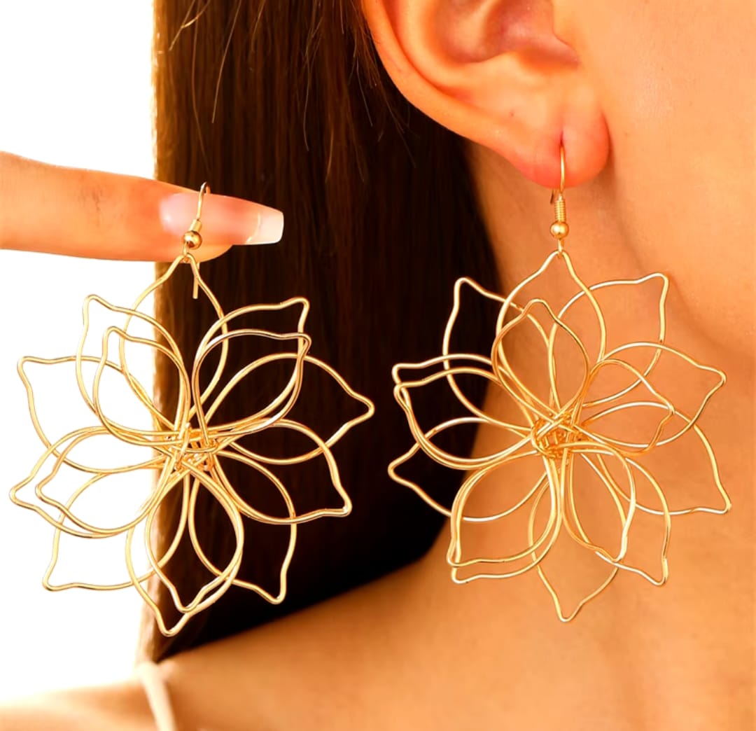 Gold American Style Metal Cutout Flower Dangle Earrings for women