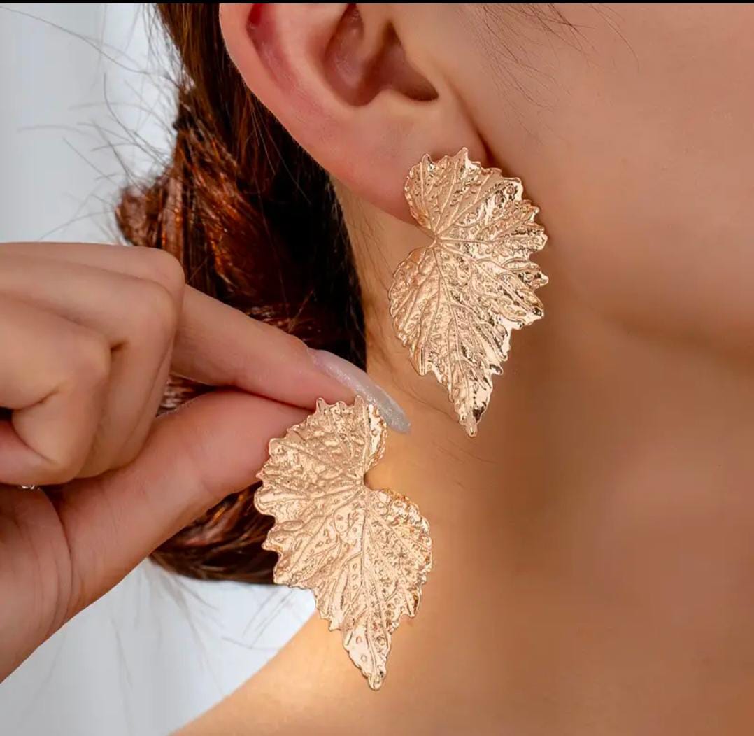 Leaf Shaped Golden Studded Earrings