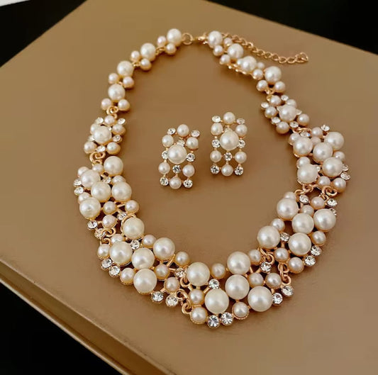 Pearl Rectangular Earrings Necklace Set